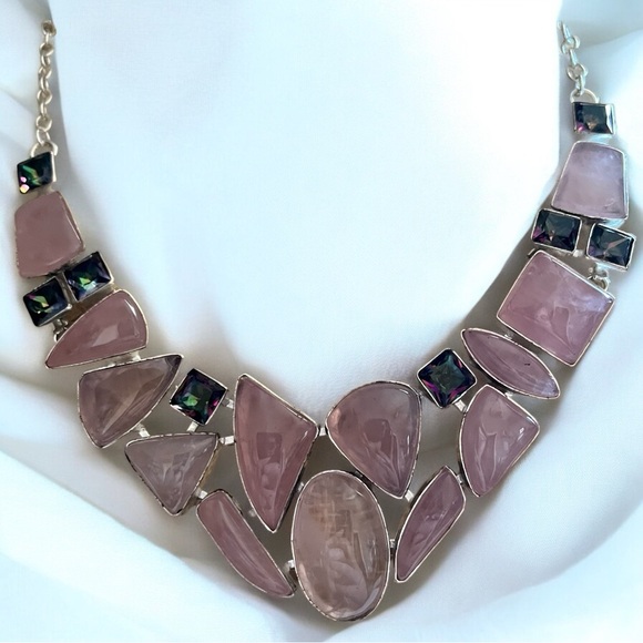 New Rose Quartz Stone w Mystic Topaz Cluster Statement Silver Overlay Necklace - Picture 12 of 13